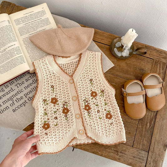 2024 Autumn Fashion Toddler Girl's Knitted Vest - Soft and Comfortable Embroidered Cardigan Vest for Infants - Hot Sale!